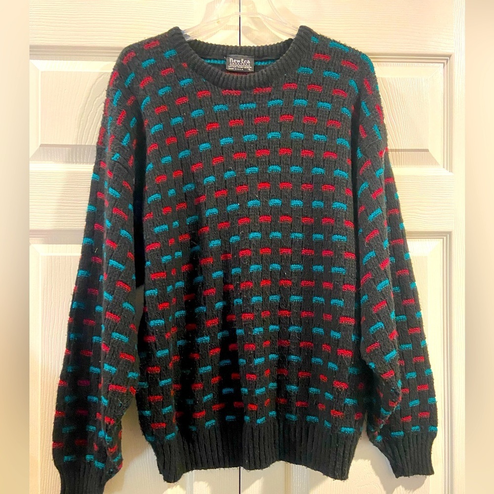 Vintage New Era Adult Large Pullover Sweater Green Red Geometric Grandpa 90s USA